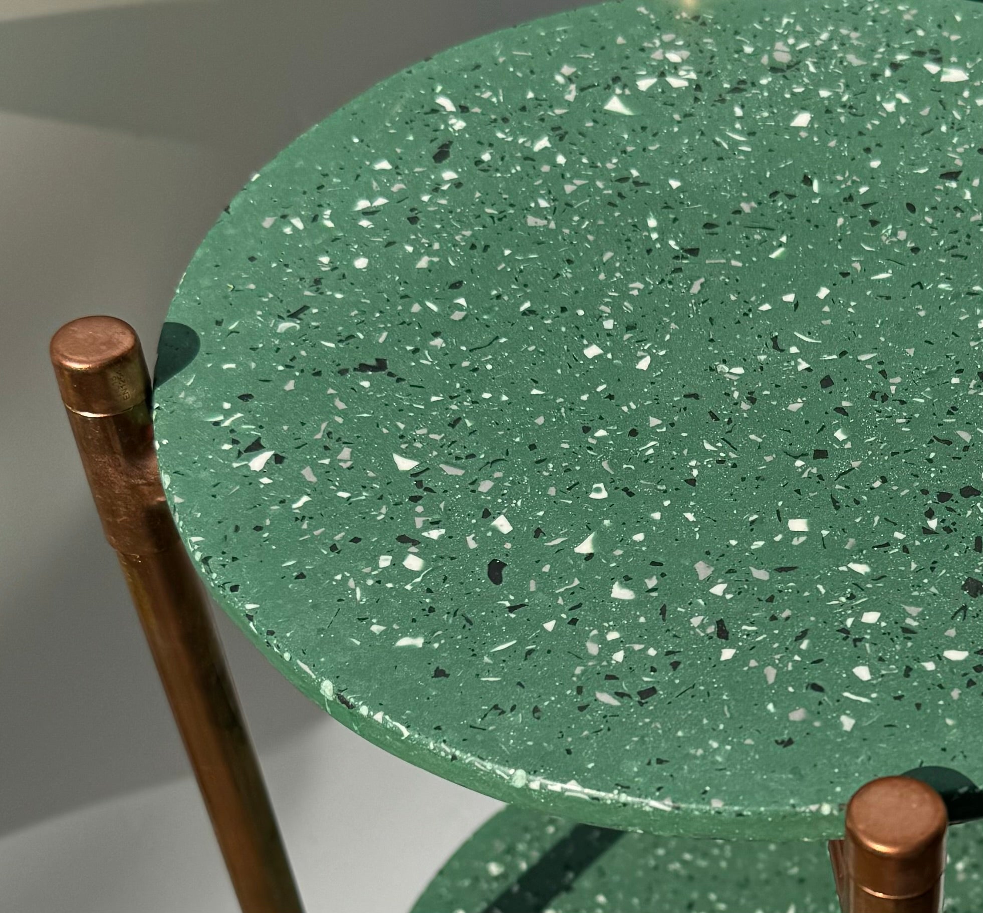 Green Terrazzo Table, Three-Tier Table with Copper Legs, Multi-Level Display Table, Modern Accent Furniture, Handmade Industrial Decor, Unique Living Room Table