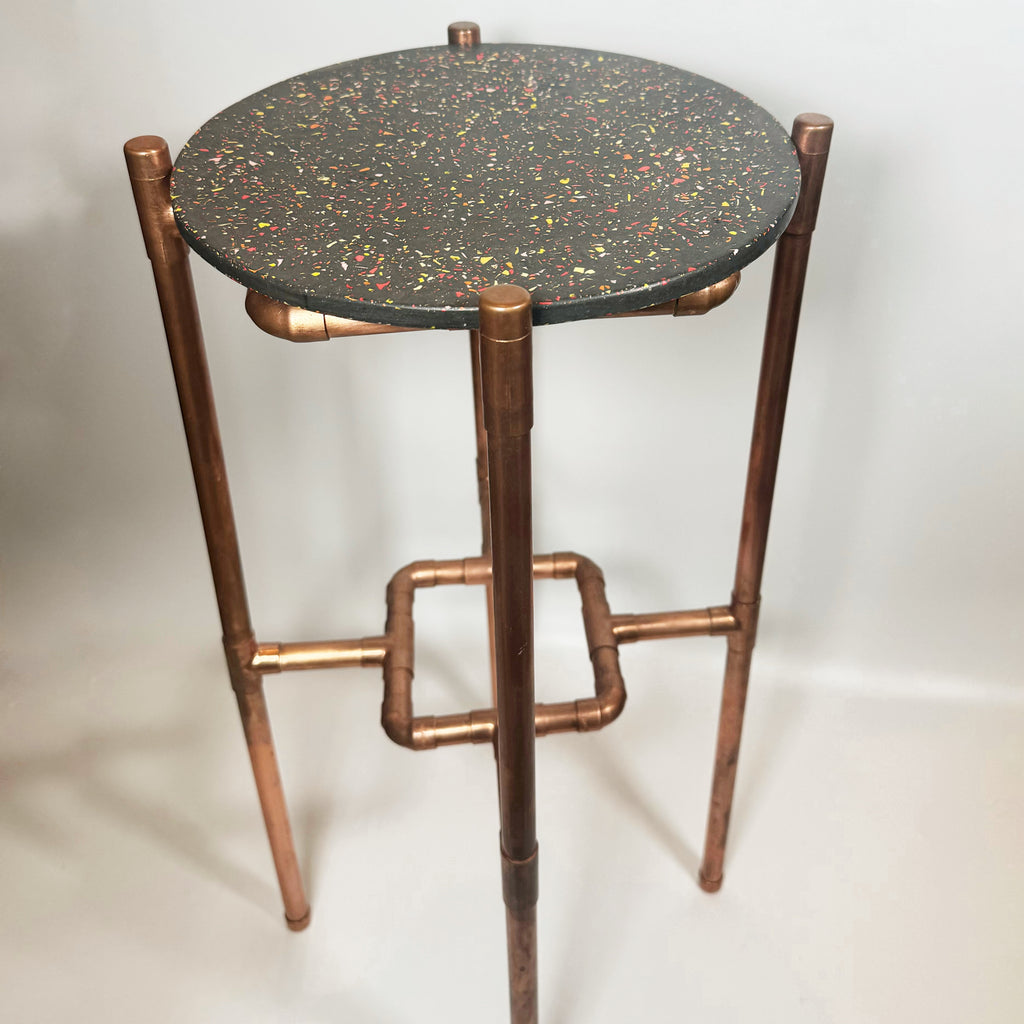 Black Jesmonite Side Table, Terrazzo Table with Copper Legs, Modern Accent Table, Handmade Industrial Furniture, Unique Home Decor, Bold Side Table